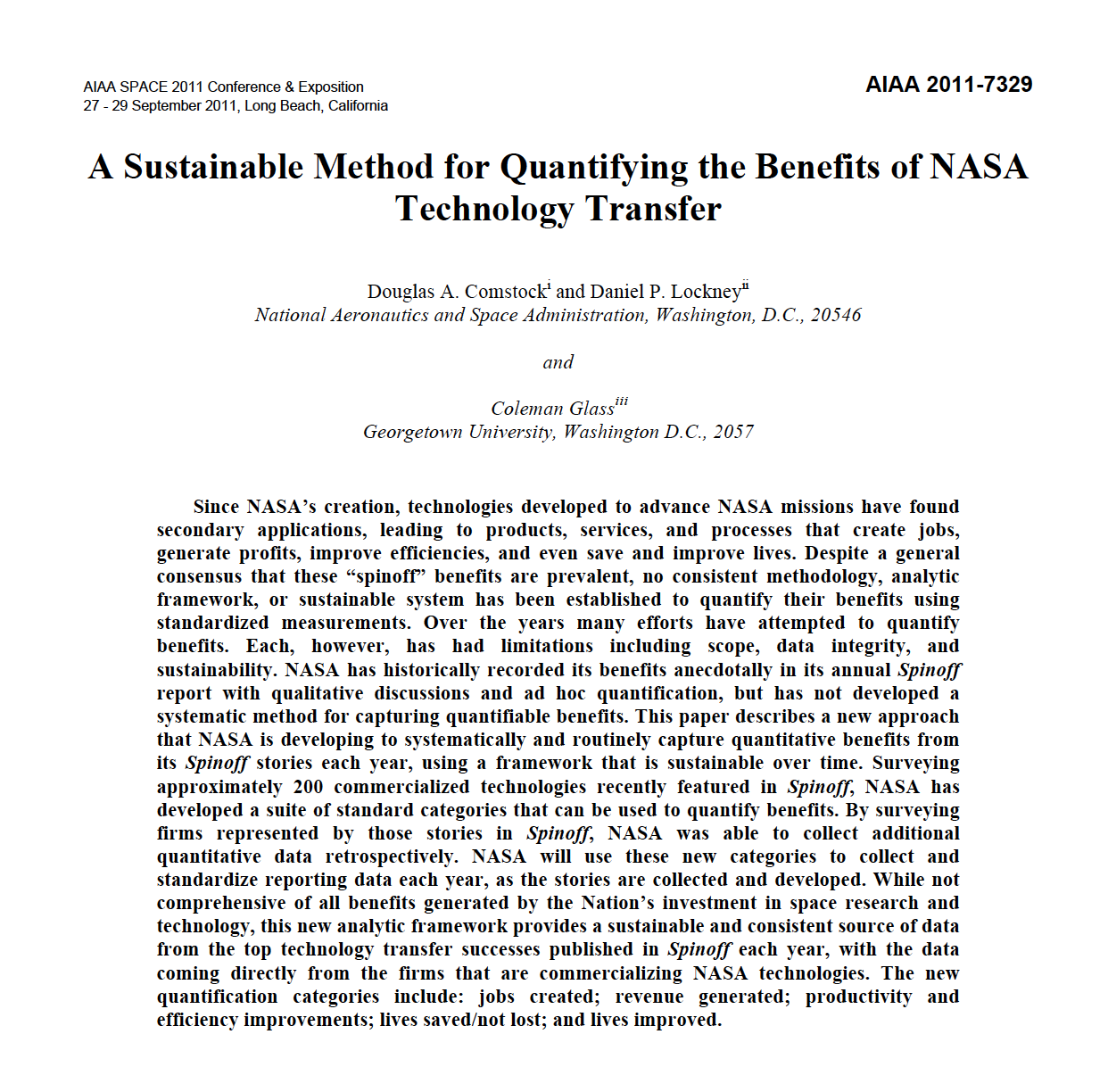 AIAA 2011 Quantifying Spinoff Benefits